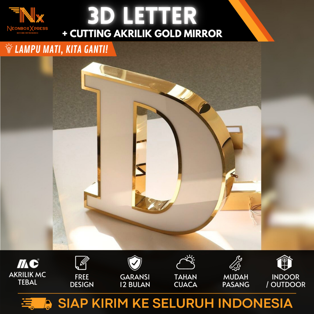 Huruf Timbul Aesthetic Gold Mirror Custom│3D Letter LED Aesthetic Gold Mirror│Huruf Timbul LED Custo