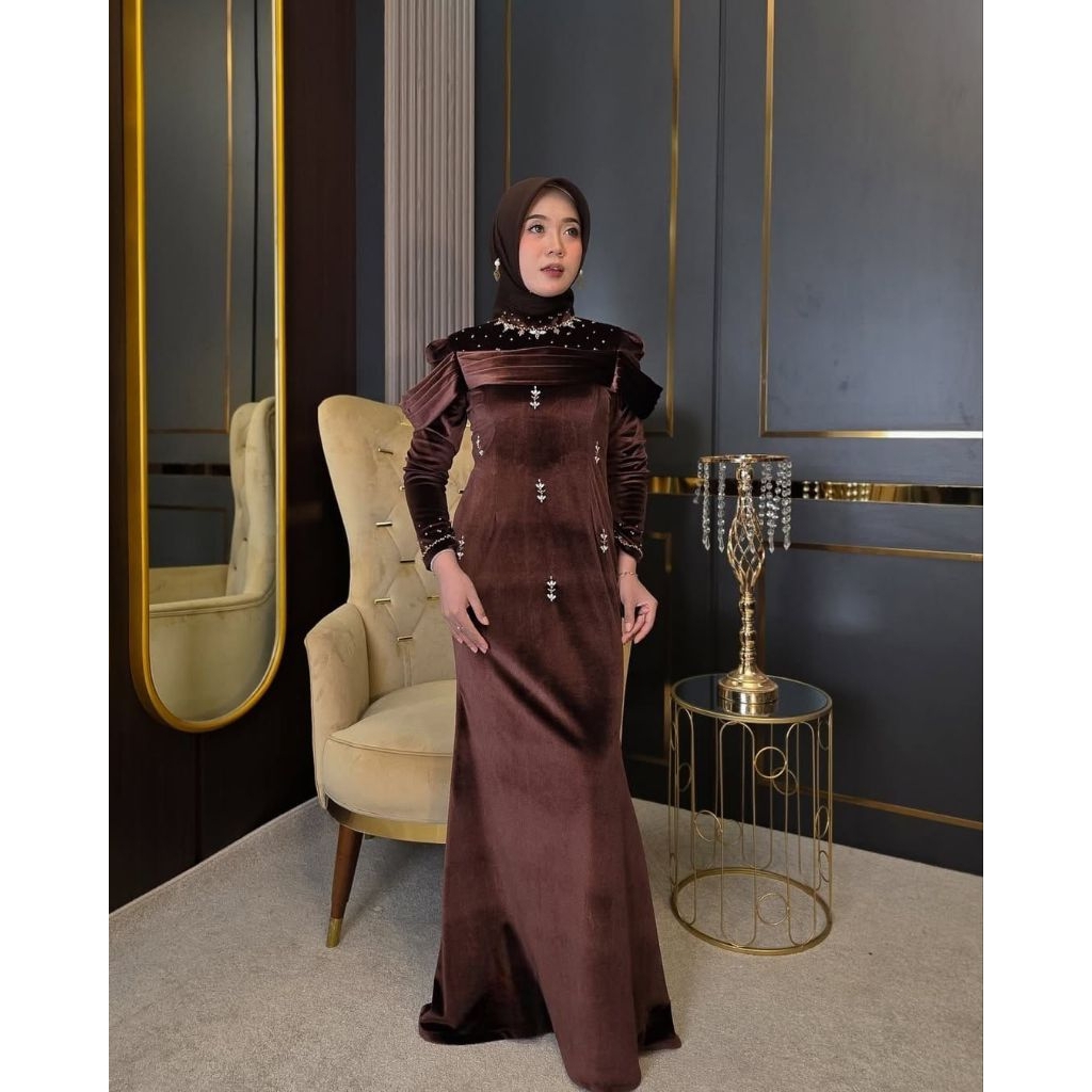 Baju dress wanita silk premium mix mutiara payet dress coklat mahogany dress kondangan wanita dress 