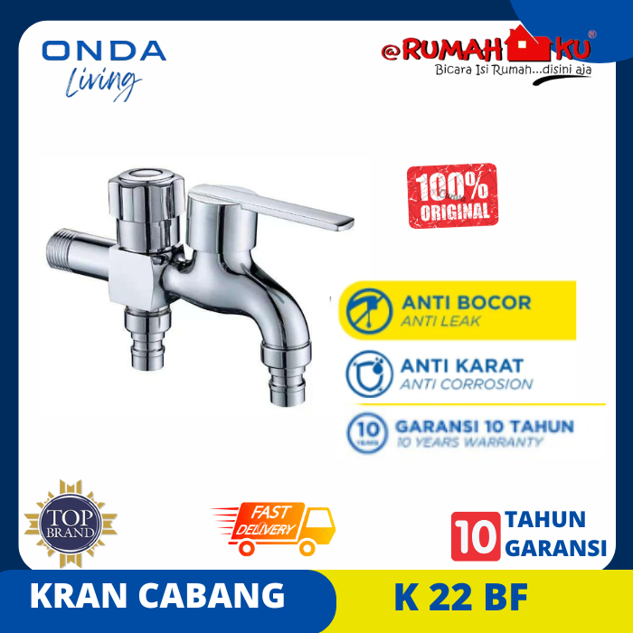 ONDA Kran Cabang Mesin Cuci Dua Cabang Kuningan Anti Bocor K 22 BF 1/2" Kran Cabang