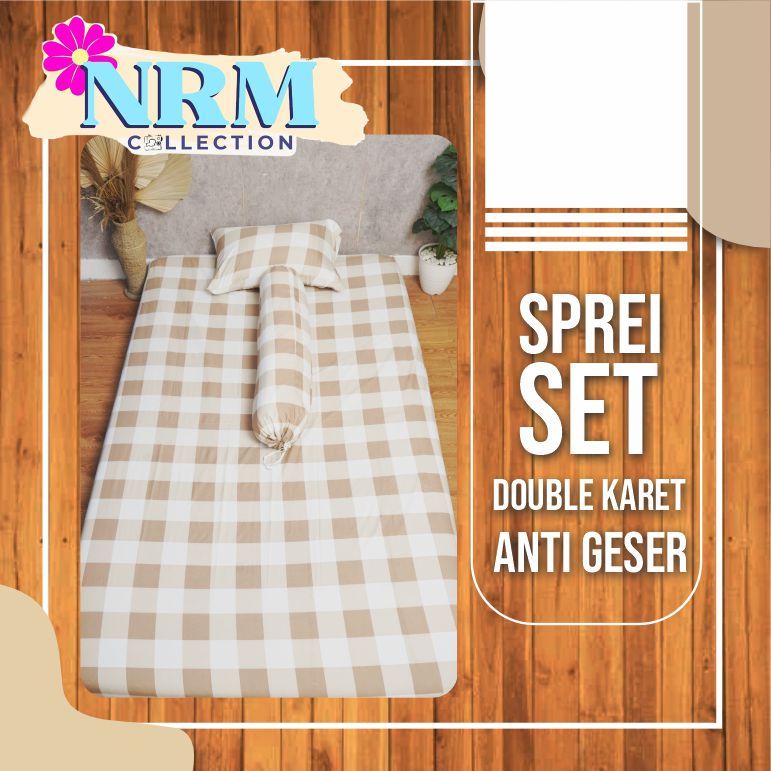 NRM - Sprei Set Double Karet Anti Geser Aesthetic Motif Emily Khaki Ala Korea 90, 120, 160, 180, 200
