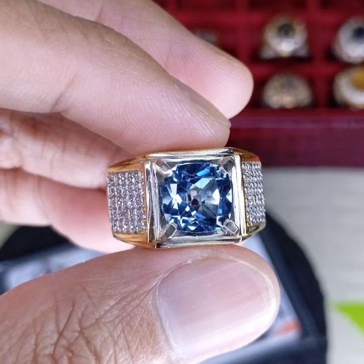 Cincin batu permata natural blue topaz london + Memo GLI