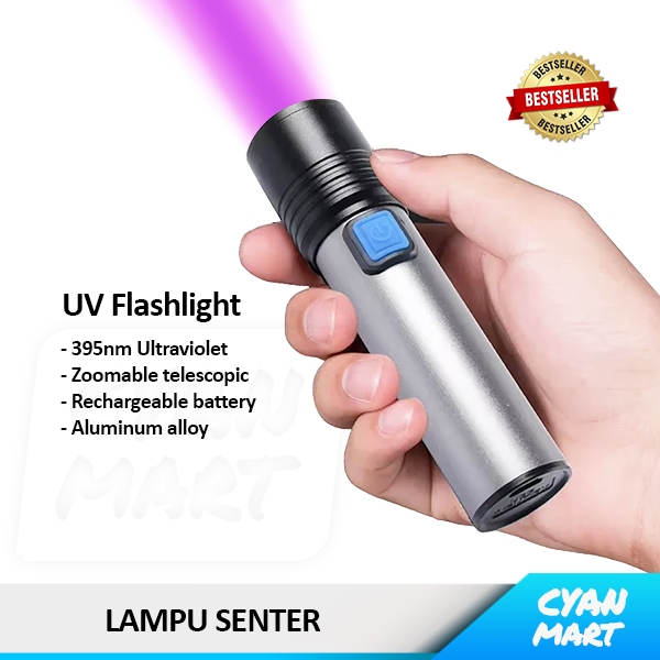 Lampu Senter UV LED Ultraviolet Senter UV Mancing Deteksi Uang Kertas Flashlight UVC-395 Rechargeabl