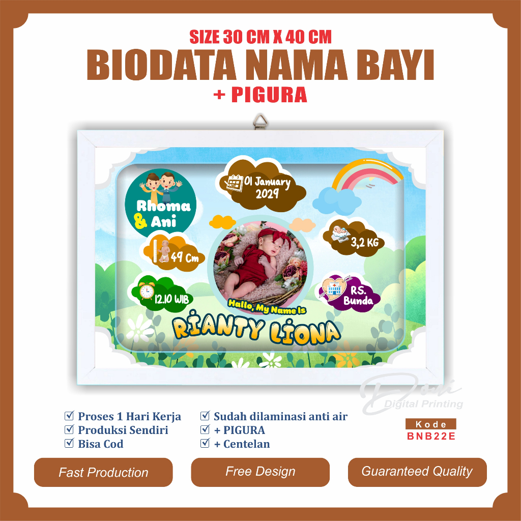 Biodata Kelahiran Bayi + Pigura Ukuran Jumbo 12 R 30 cm x 40 cm bnb22
