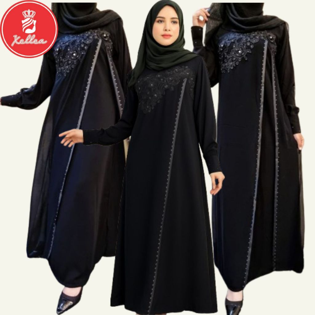 Abaya Hitam Kombinasi Sifon Jetblack Lembut Gamis Wanita Turki Arab Abaya Dubai 480 - XELLEA