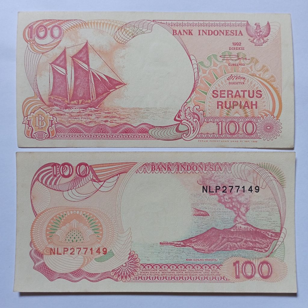 100 rupiah uang kertas pinisi tahun 1992 baru asli