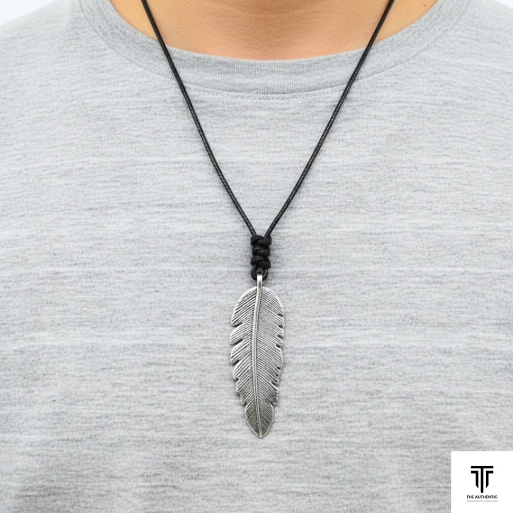 Kalung daun feather kalung tali pria wanita kalung tali hitam estetik aesthetic kalung bulu