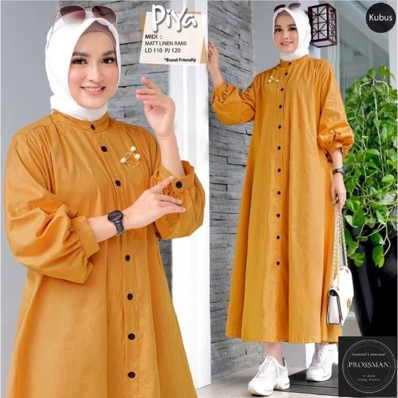 Midi Dress Gamis Wanita Terbaru Katun kancing Depan Premium