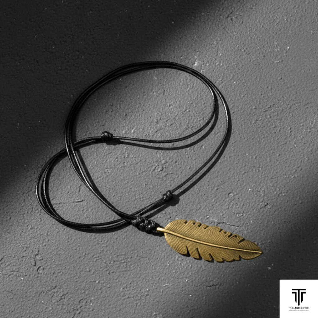 Kalung daun feather bronze kalung tali pria wanita kalung tali hitam estetik aesthetic kalung bulu