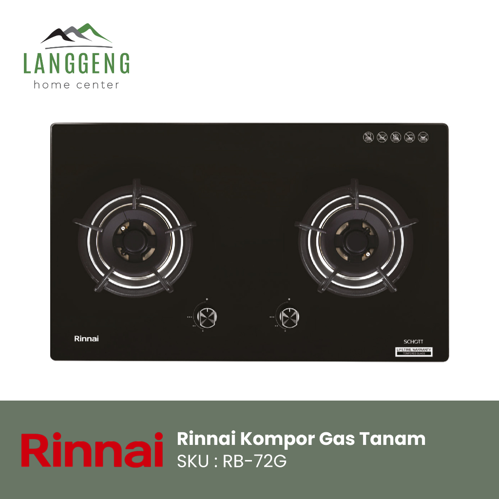 Rinnai Kompor Tanam 2 Tungku RB-72G Tempered Glass Schott Black