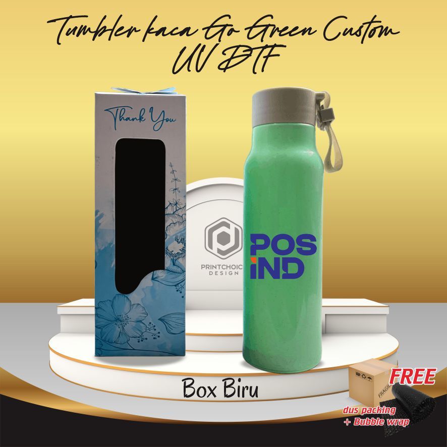 Botol Minum Kaca Go Green 330ml Botol Souvenir Custom Grafir Pemanent Nama Logo Perusahaan