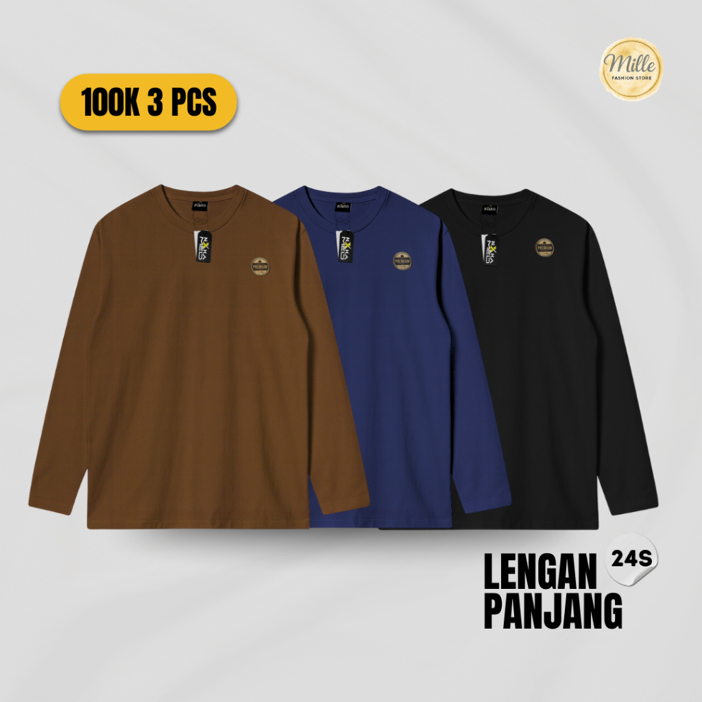PAKET 3PCS Kaos Lengan Panjang Polos Pria Wanita  Nakamed Poly Cotton 24s Unisex