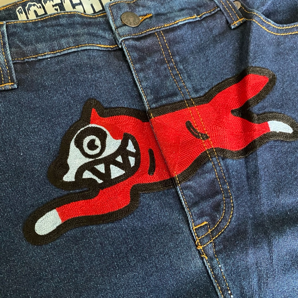 BBC ICECREAM Running Dog Mullen Jeans Waffle Fit (Blue/Red) Billionaire Boys Club Embroidered Hawk D