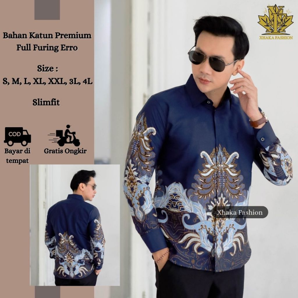 XHAKA Atasan Kemeja Batik Pria Premium Slimfit Lapis Furing Erro Bahan Katun Motif Candrabaga Biru N