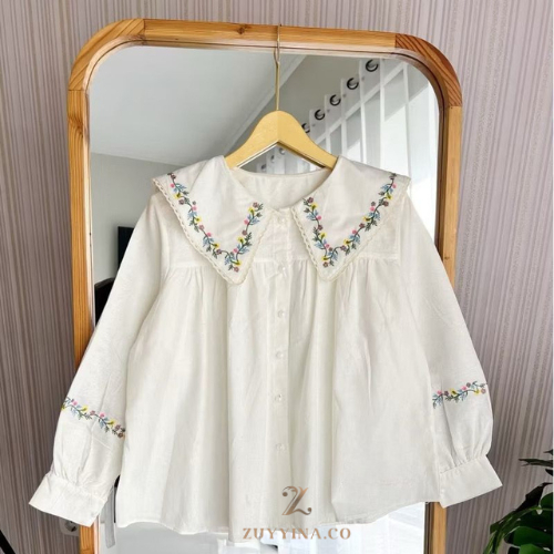 Kemeja Wanita Casual Bordir Bunga Katun Premium Model Korea Terbaru by ZUYYINA.CO| DYAMA BLOUSE - WH