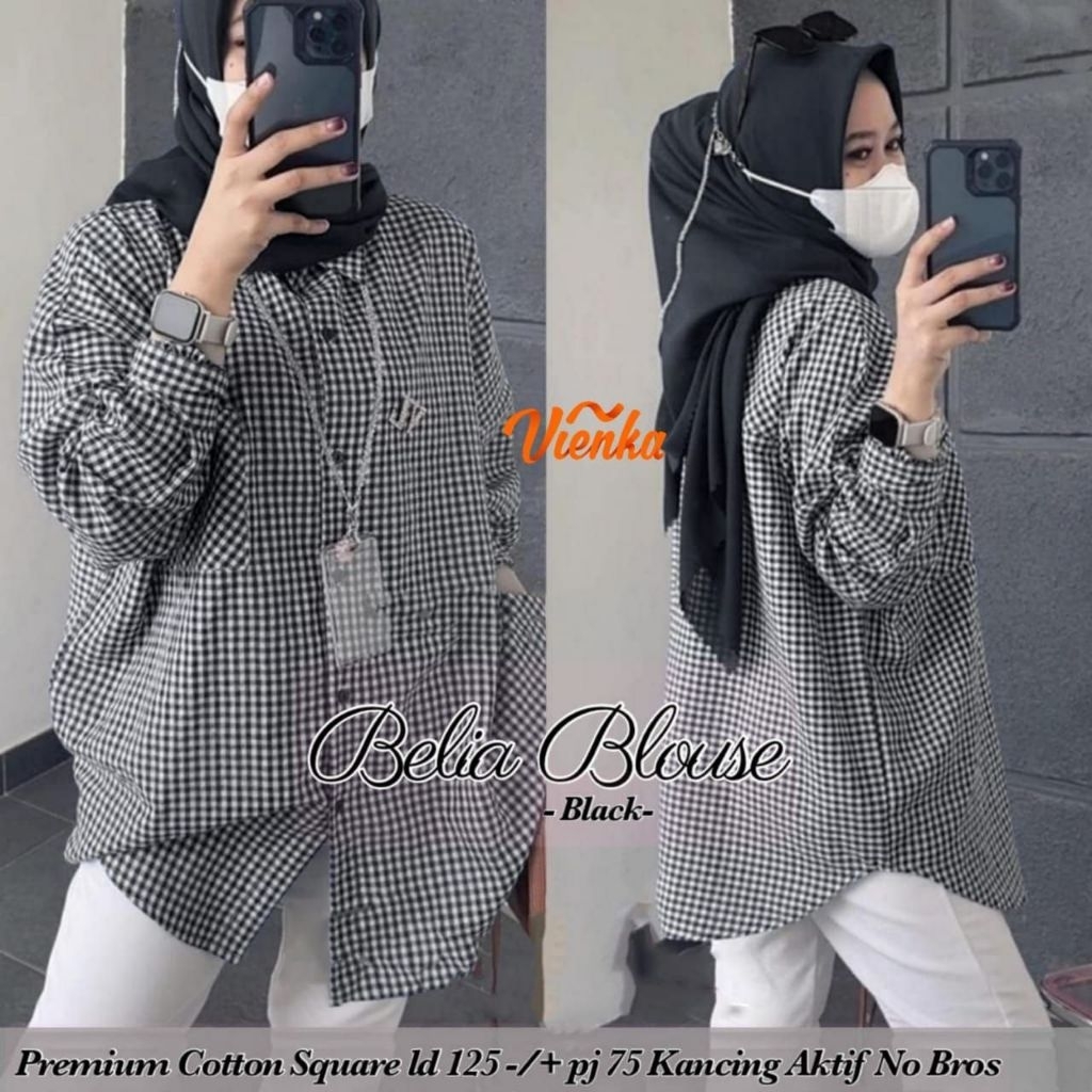 BAJU WANITA BELIA KEMEJA JUMBO KATUN KOTAK-KOTAK BY VIENKA