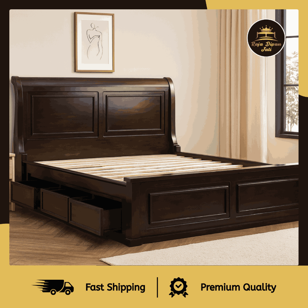 Ranjang Tempat Tidur Kayu Besar Ukuran 200x200 Cm Dipan Jati Laci Divan Kasur Minimalis