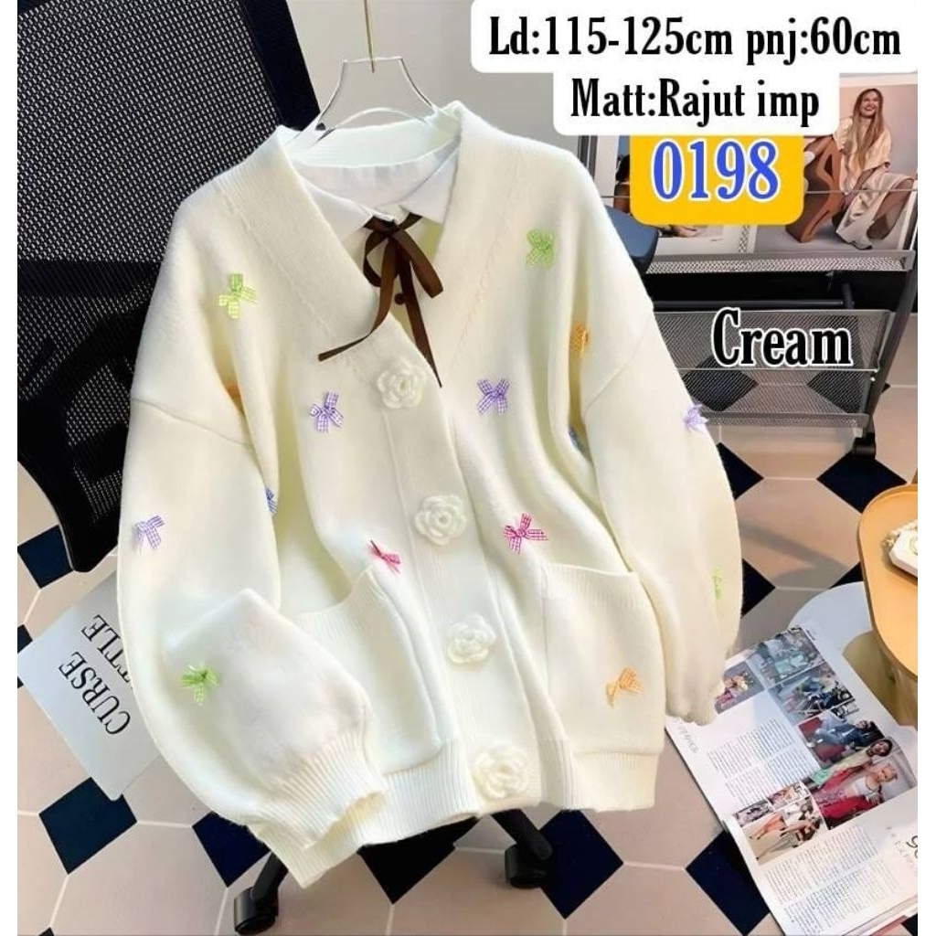 0198 Cardigan Sweater Cewek kekinian style Korea pita bahan lembut kombinasi kancing mawar