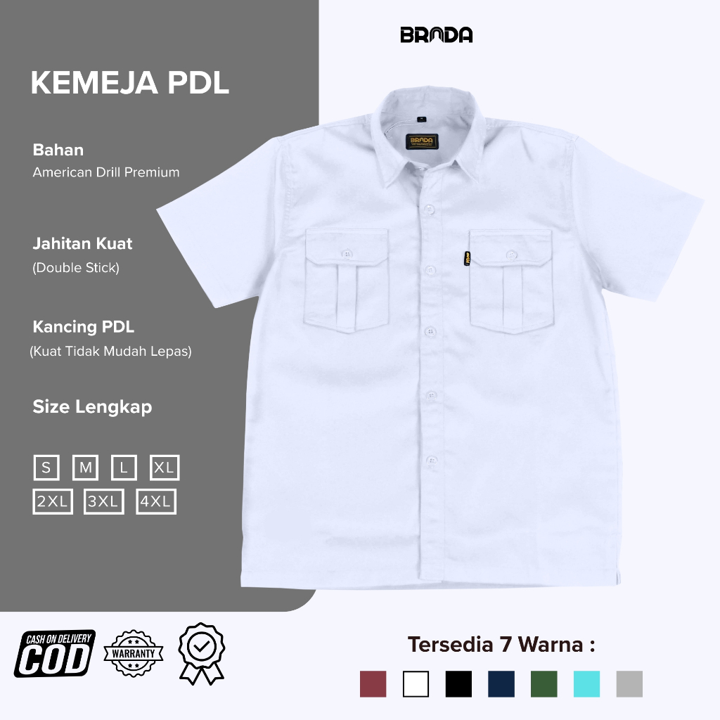 BRADA Workshirt Seragam Kemeja Kerja Lengan Pendek Bahan Drill Polos Putih Serbaguna untuk Seragam K