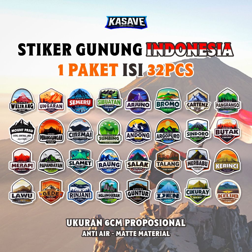 STIKER GUNUNG INDONESIA 1 PAKET ISI 32 PCS / STIKER OUTDOOR / STIKER GUNUNG / STIKER INDONESIA