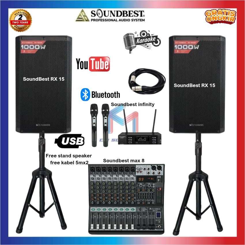 Paket Sound Sistem Speaker Aktif 15 inch Paket Speker Full Set Soundbest Speaker RX 15+MIXER AMX 8+M