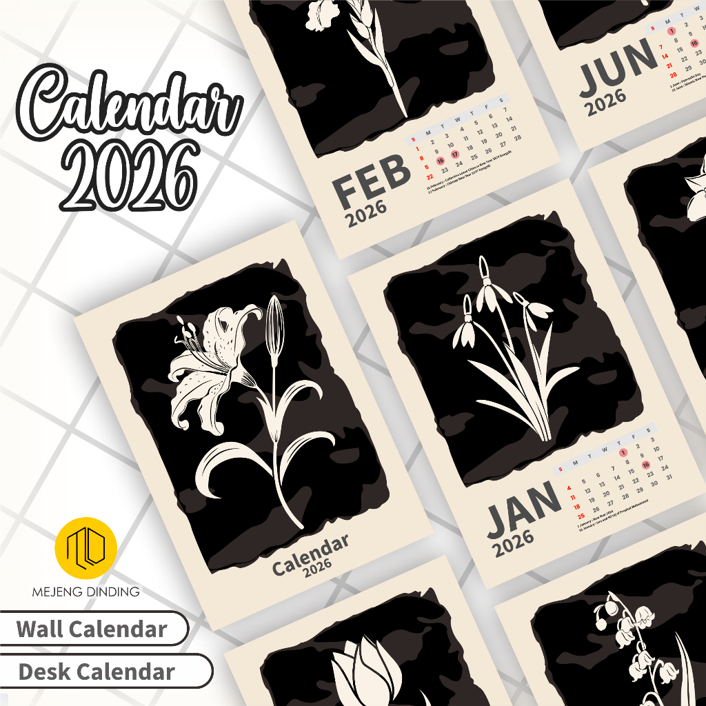 Kalender 2026 Spiral Meja & Dinding Lengkap Tanggal Merah Libur Nasional Cuti Bersama Desain Bunga H