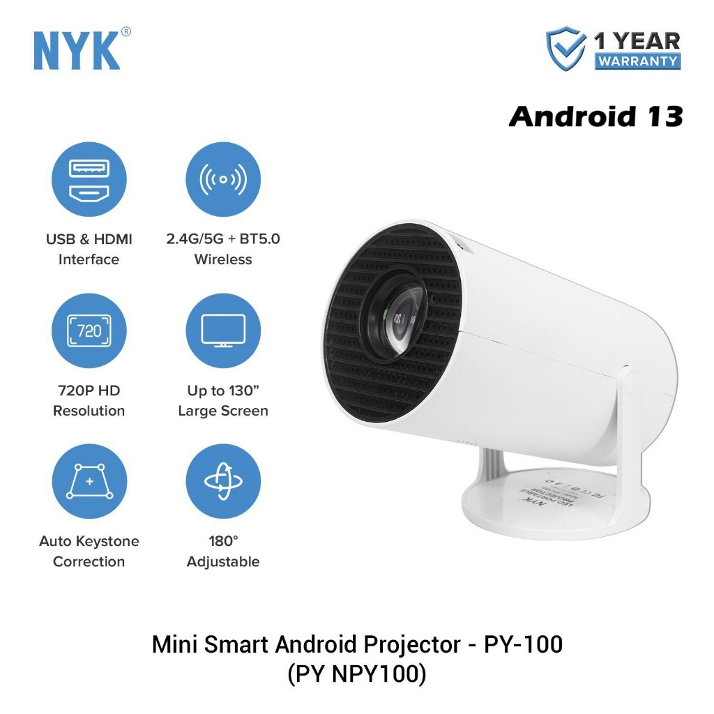 NYK PY-100 LED Portable Projector-Mini Proyektor Android 13 Bluetooth 5.0