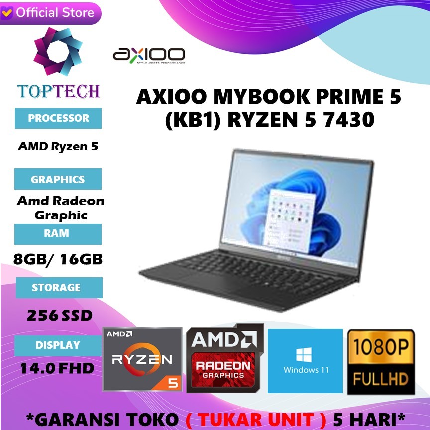 AXIOO MYBOOK PRIME 5 (KB1) RYZEN 5 7430 RAM 8GB SSD 256GB W11 14.0FHD TKDN