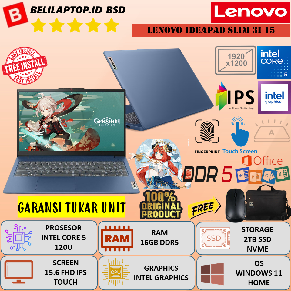 Laptop Terbaru Lenovo Ideapad Slim 3i 15 Intel Core 5 120U Ram 8GB 1TB SSD 15.6'' Full HD IPS Touch 
