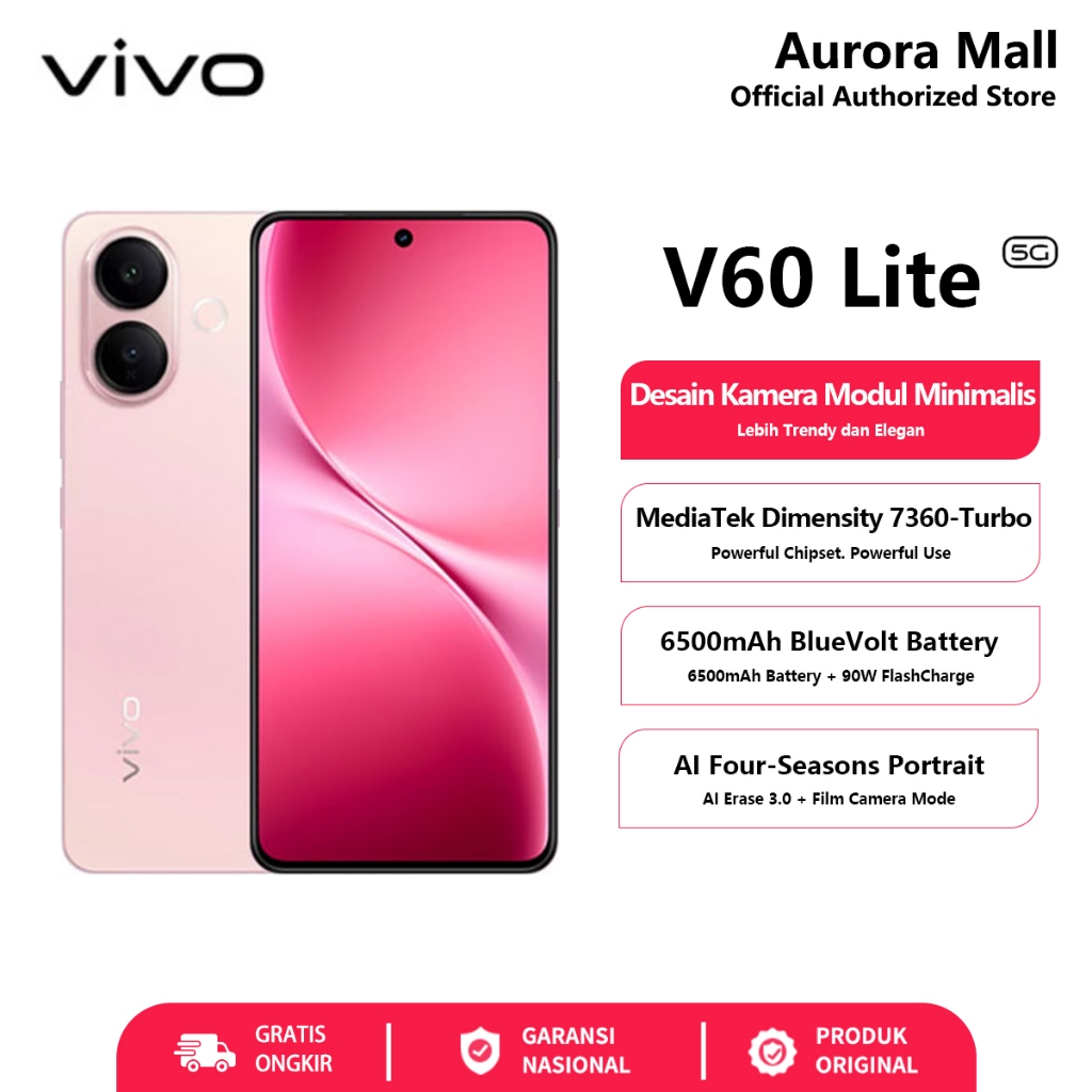 Hp Vivo V60 Lite 5G 8/256GB RAM 8GB+8GB Extended ROM 256GB Vivo Terbaru 2025 Garansi Resmi