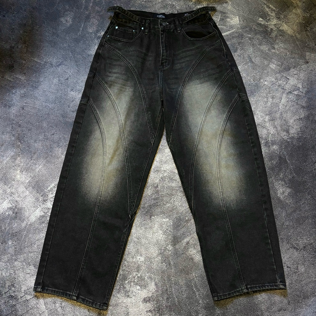 CATHA - Line Up Snow Washed Baggy Jeans Pecah Pola Smoky Black Small S