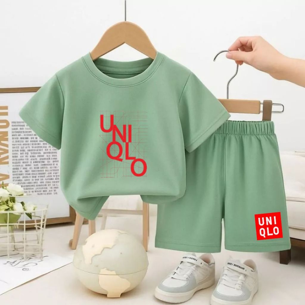 Setelan Anak Laki Laki Perempuan UNIQLO Usia 2-12 Tahun Bahan Katun Kaos Distro Dan Celana Unisex