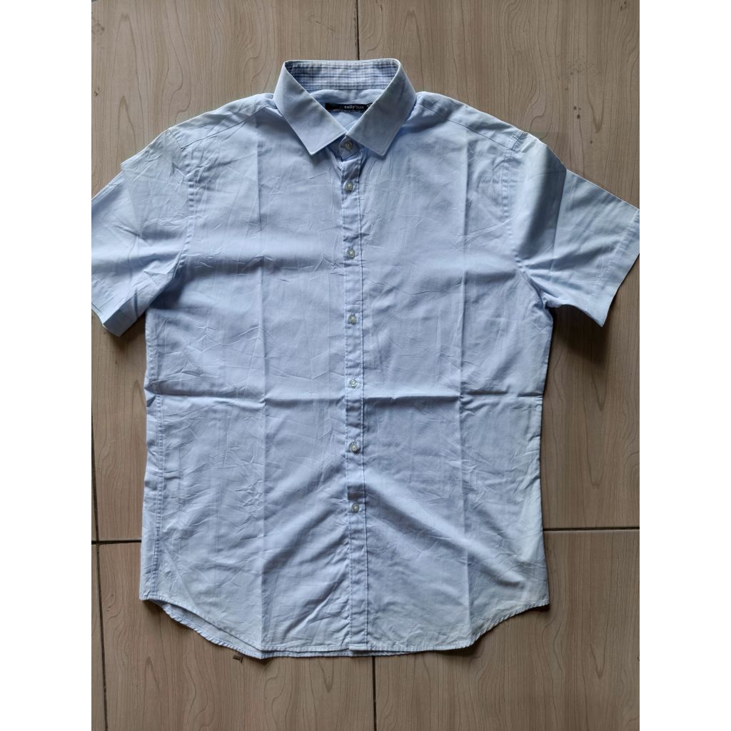 Kemeja Polos Merek Celio Club Bahan Katun Warna Biru Muda Size XL Lengan Pendek