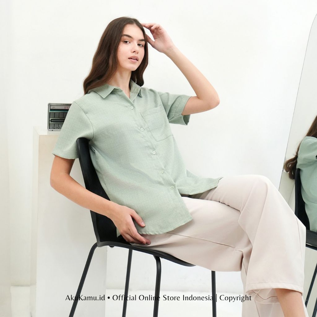 Kemeja Linen Wanita Lengan Pendek | Casual Formal Atasan Cewek Korean Style Jumbo Kekinian Putih