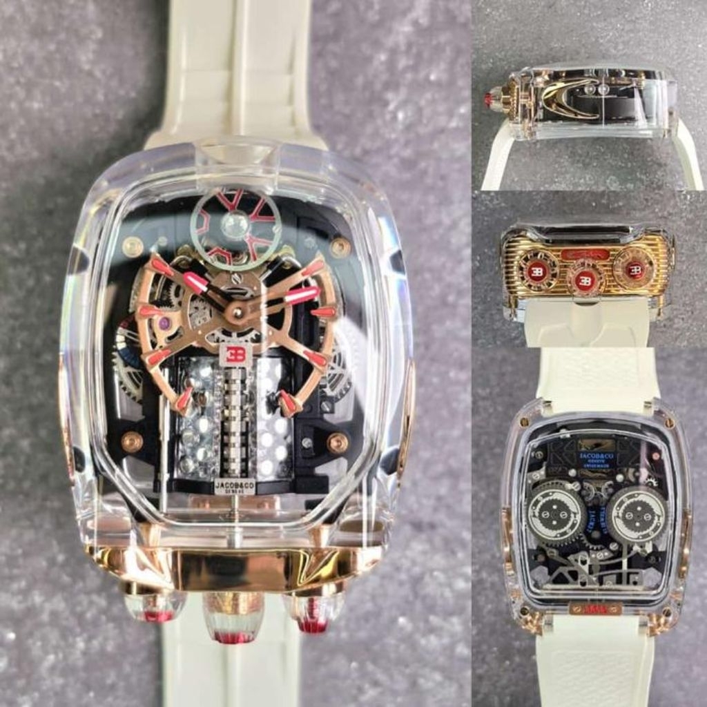 Jam tangan Keren Automatic Swiss JACOB & CO Bugatti Chiron Sapphire Rubber - White rubber/Jam Tangan