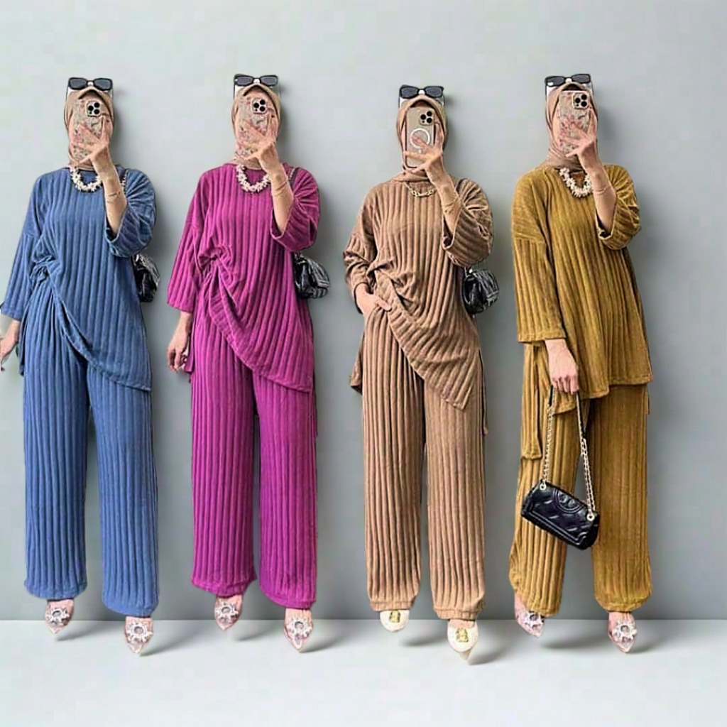 Setelan Wanita Knit Hornet Kekinian Loren Oneset Kaos Lengan 7/8 & Celana Kulot Panjang Jumbo