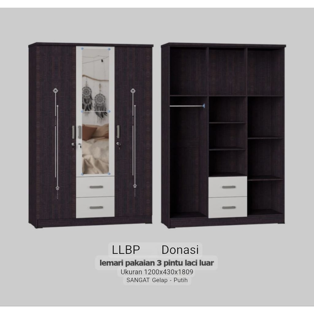 Lemari Baju 3 Pintu kaca panjang