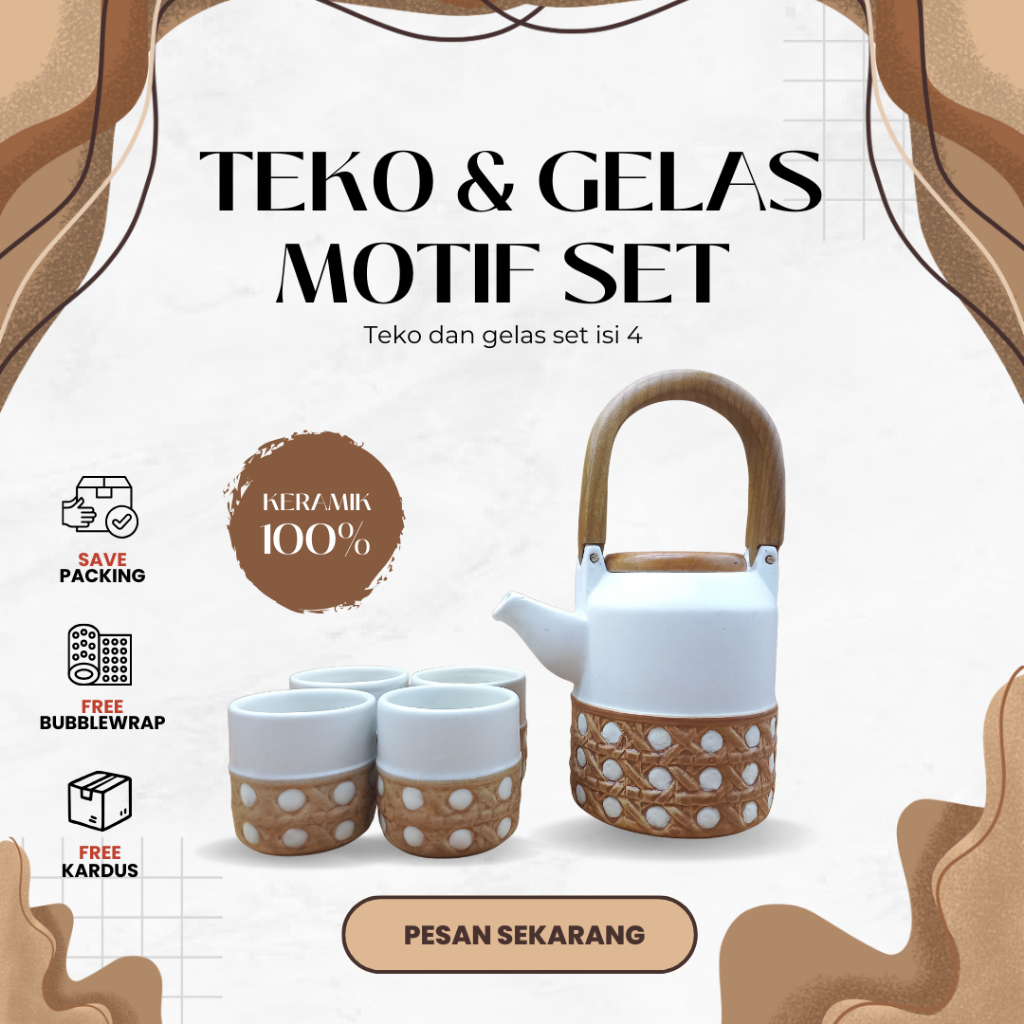 TEKO SET GELAS | TEAPOT TEKO SET 4 GELAS KERAMIK MOTIF ANYAMAN