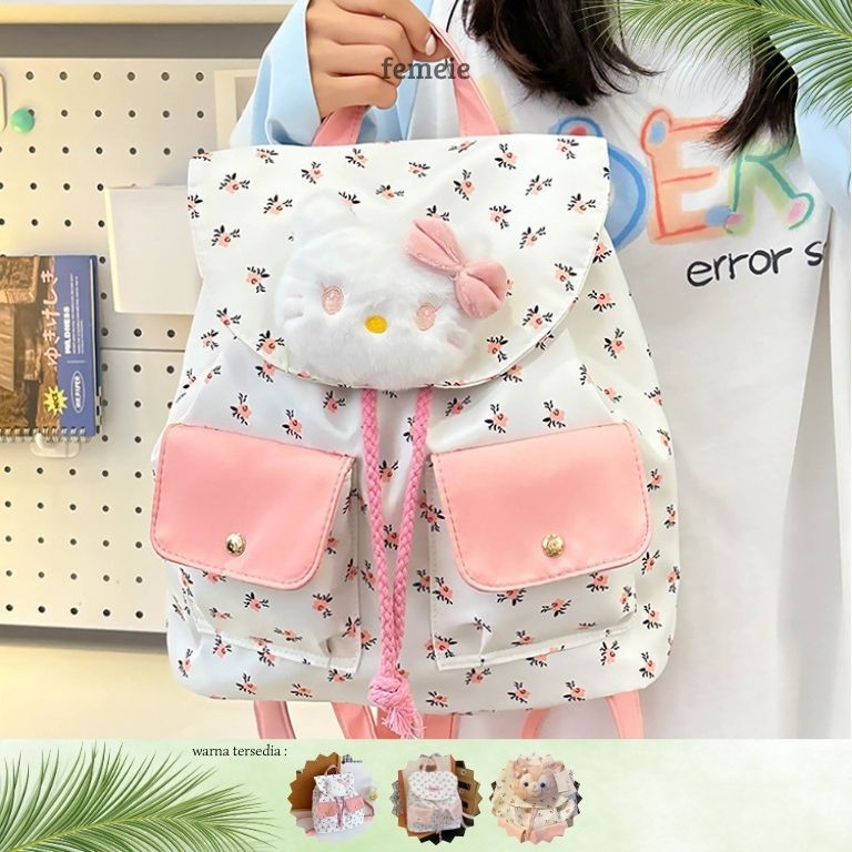 Tas Ransel Serut INS Style Backpack Coquette Hello Kitty Wanita Bunga Lucu Pink Korea Design Elegan 