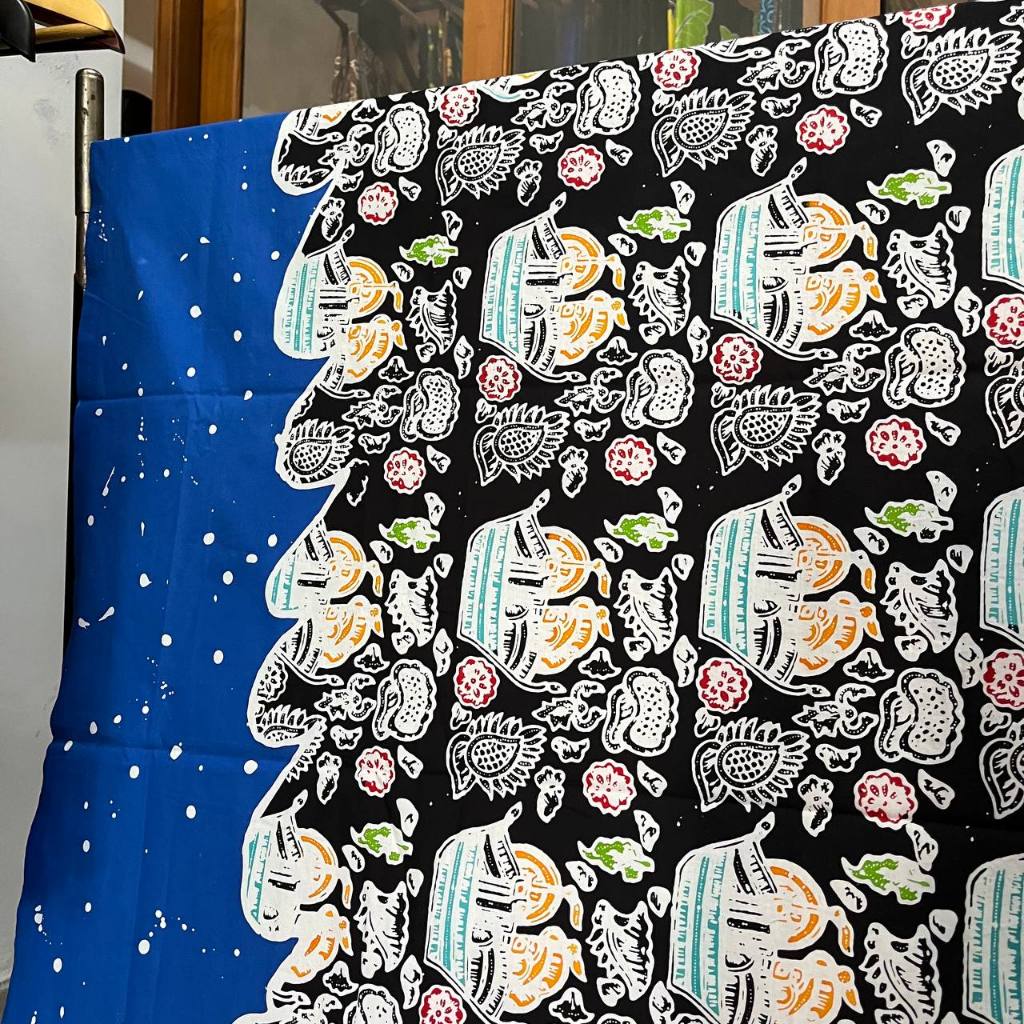 (200 x 115 cm) KAIN BATIK CAP TULIS MOTIF KARIMUNJAWA/KAPAL TUMPAL LAUT BIRU ── BATIK SEKAR JEPARA