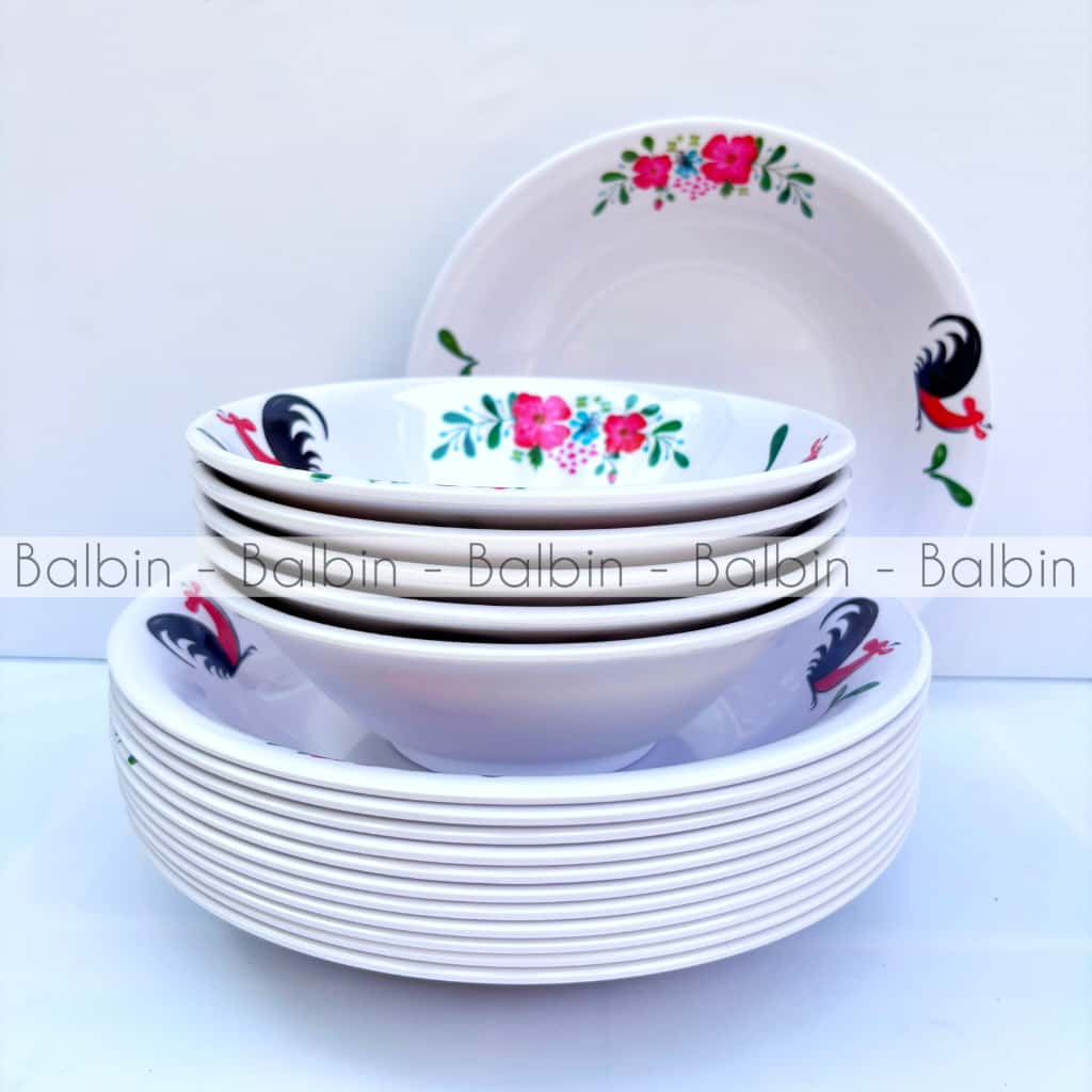 Set Piring Mangkuk bahan melamin isi 12 pcs isi 6 piring 9inch dan 6 mangkuk 7 inch - desain ayam ja