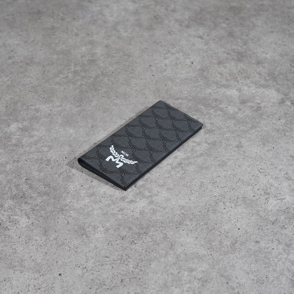 Dompet MCM MONOGRAM WHITE LOGO GREY BLACK LONG WALLET 100% ORIGINAL