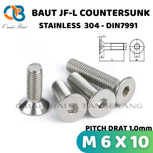 M6x10 Baut JF L M6 x 10 Stainless / Baut Verseng M6 x 10 Stainless / Countersunk M6 x 10 Stainless S