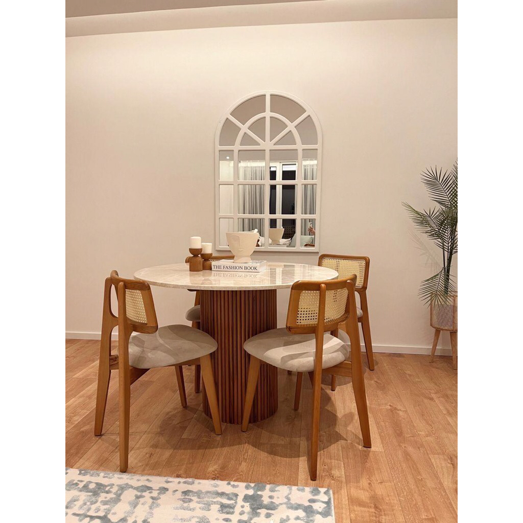 meja makan bulat top marmer cream, set meja makan bulat kursi4 kayu jati, meja makan marmer bulat