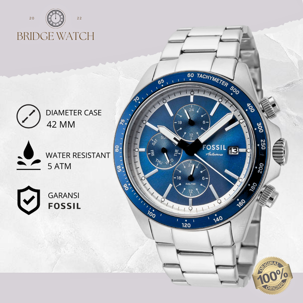 Jam Tangan Fossil Pria BQ2869 Autocross Chronograph Blue Dial Silver Stainless Steel Strap Rantai Me