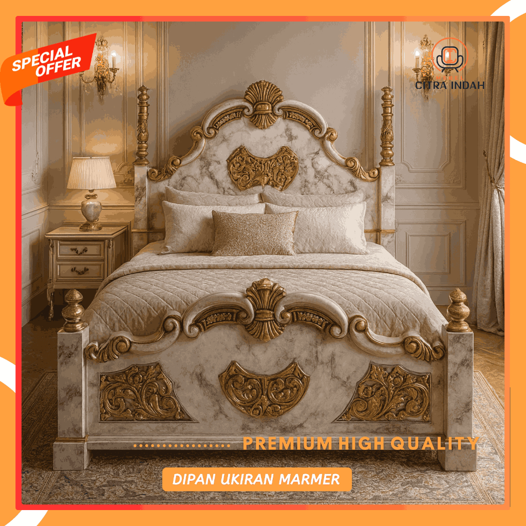 Dipan Tempat Tidur Mewah Jati Ukir Marmer Ranjang Bed Kasur Divan Asli Jepara Awet Kokoh