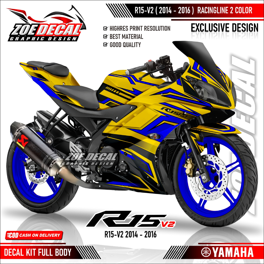 TERBARU DECAL STIKER FULL BODY YAMAHA R15 V2 MOTIF RACINGLINE DASAR KUNING & HITAM