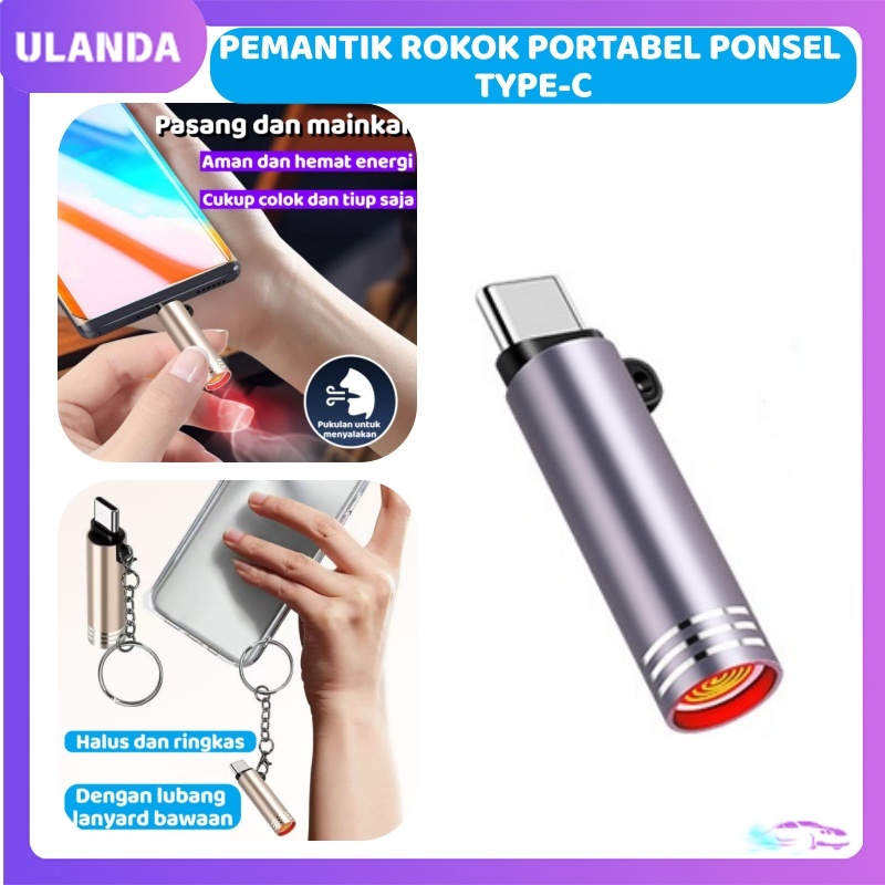 Korek Api Elektrik Type-C Paduan Aluminium Hanging Strap Charging Via HP Tiup Langsung Nyala Otomati