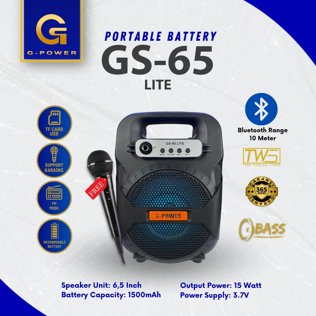 G-POWER SPEAKER GS-65 LITE/ GS-65 (MS-1924BT) KNOP FREE MIC KABEL, ORIGINAL BERGARANSI Bluetooth