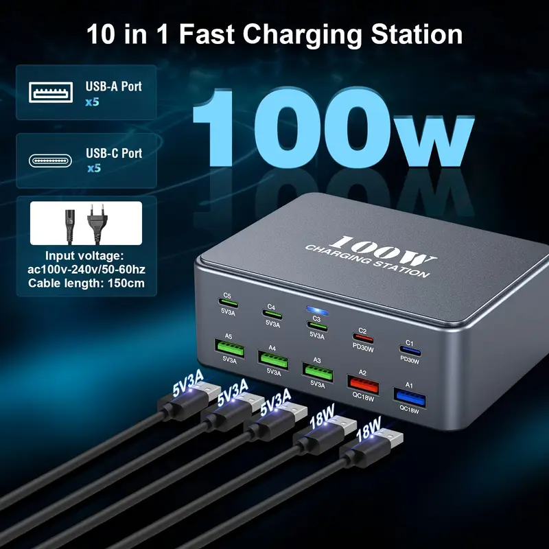 [HOT]BASIKE Charger Type C Fast Charging 100W 10 in1 Station LED Mini Portable for Ponsel PC Laptop