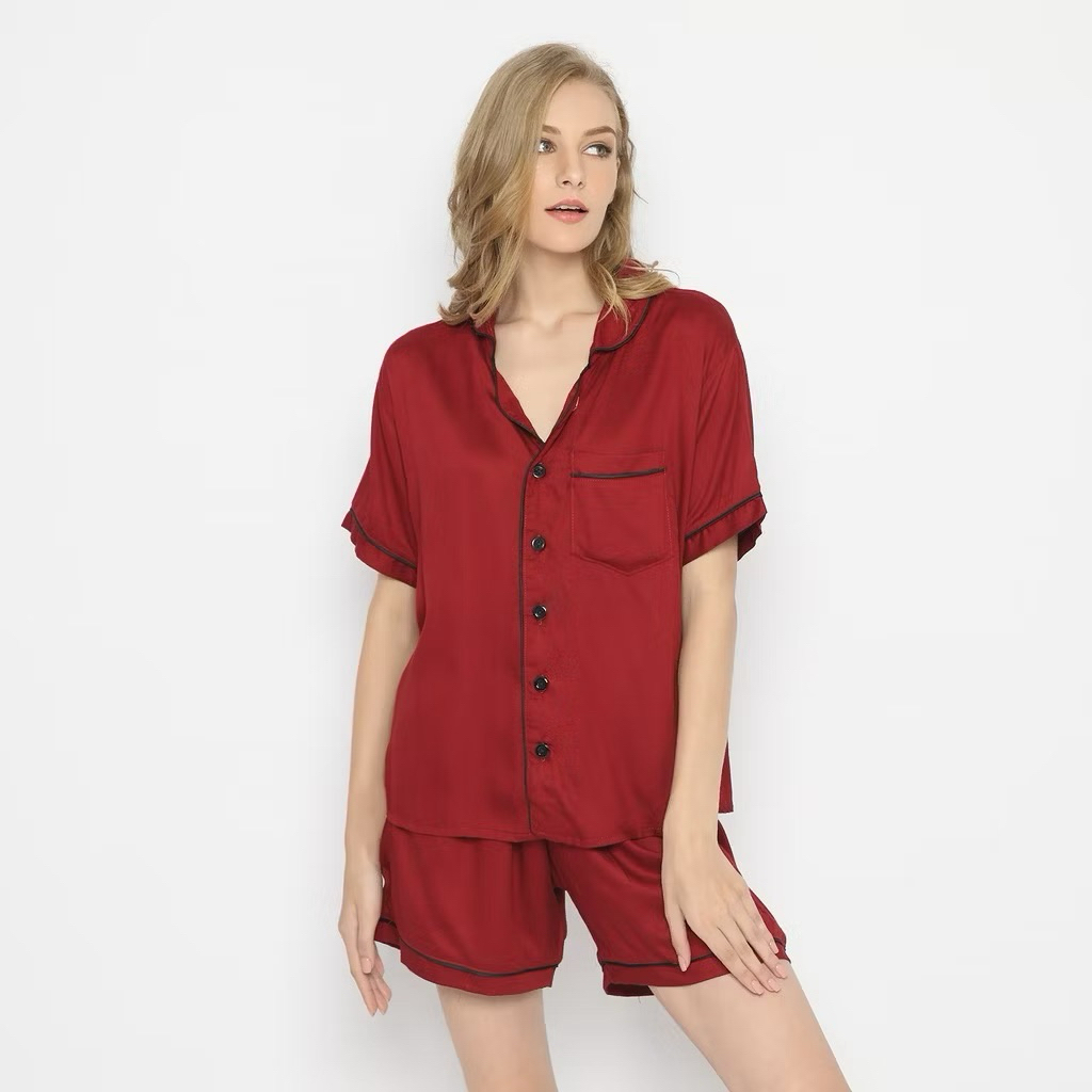 Sleepwear piyama set premium rayon Baju Celana Pendek Celana panjang Rayon twil Warna merah Setelan 